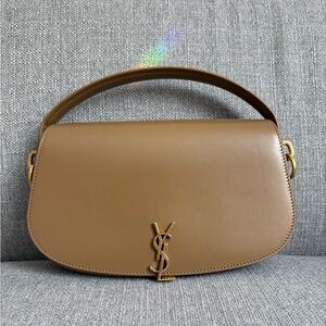 Saint Laurent Tan Leather Shoulder Bag with Gold YSL Logo